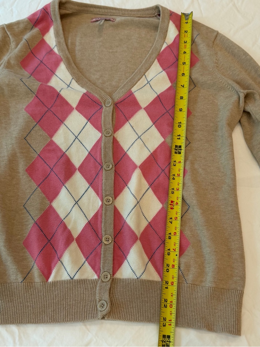 Vintage Y2K G.H. Bass Argyle Cardigan L 100% Cotton Pink Tan Preppy Sweater - Picture 3 of 7